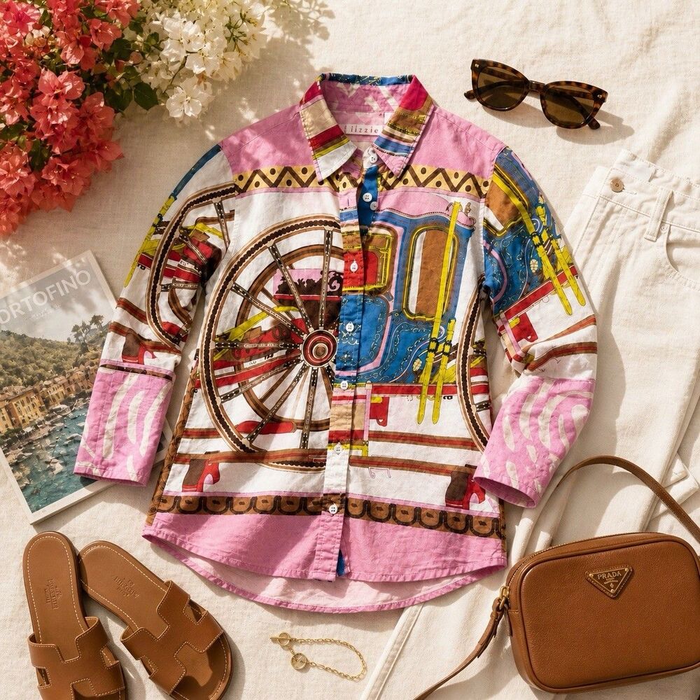 Equestrian Print Button Down Shirt Pink Horse Carriage Old Money Preppy Small